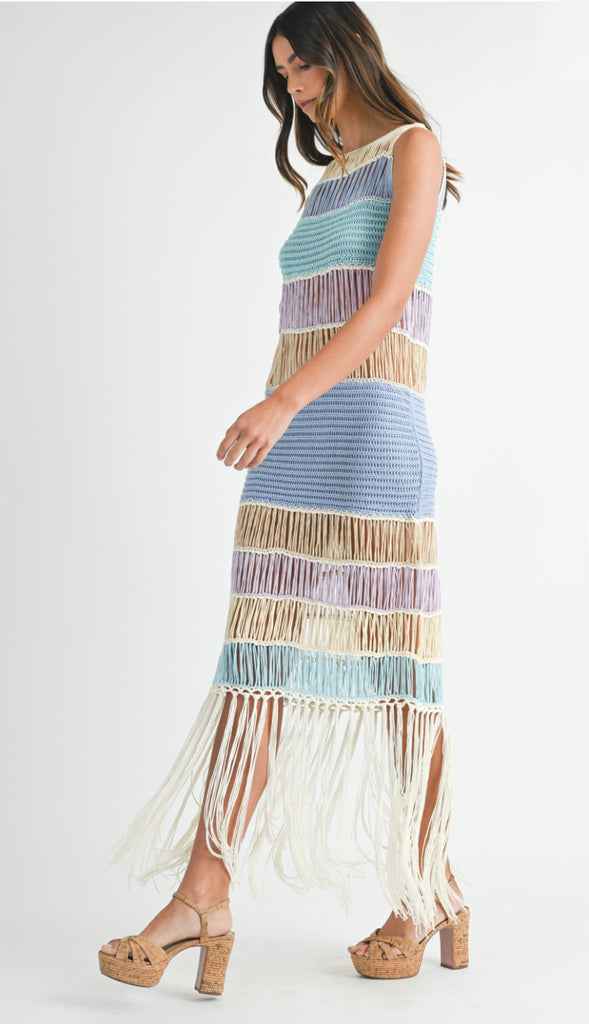 Seaside Oasis Fringe Crochet Dress- Periwinkle Multi