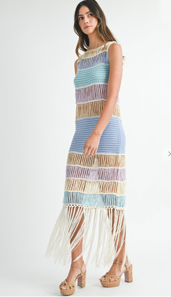 Seaside Oasis Fringe Crochet Dress- Periwinkle Multi