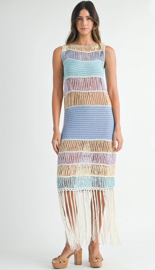 Seaside Oasis Fringe Crochet Dress- Periwinkle Multi