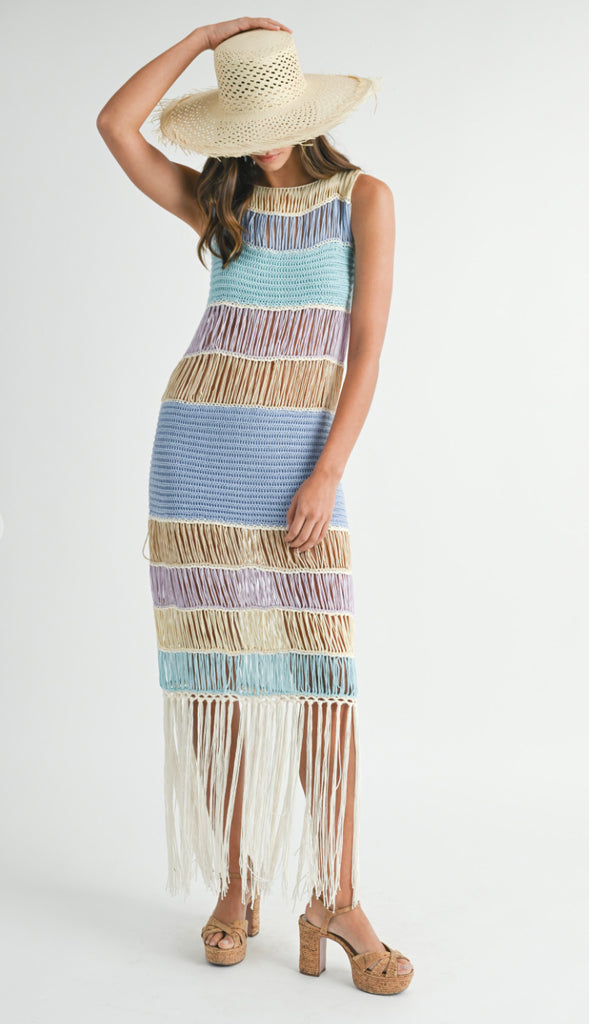 Seaside Oasis Fringe Crochet Dress- Periwinkle Multi
