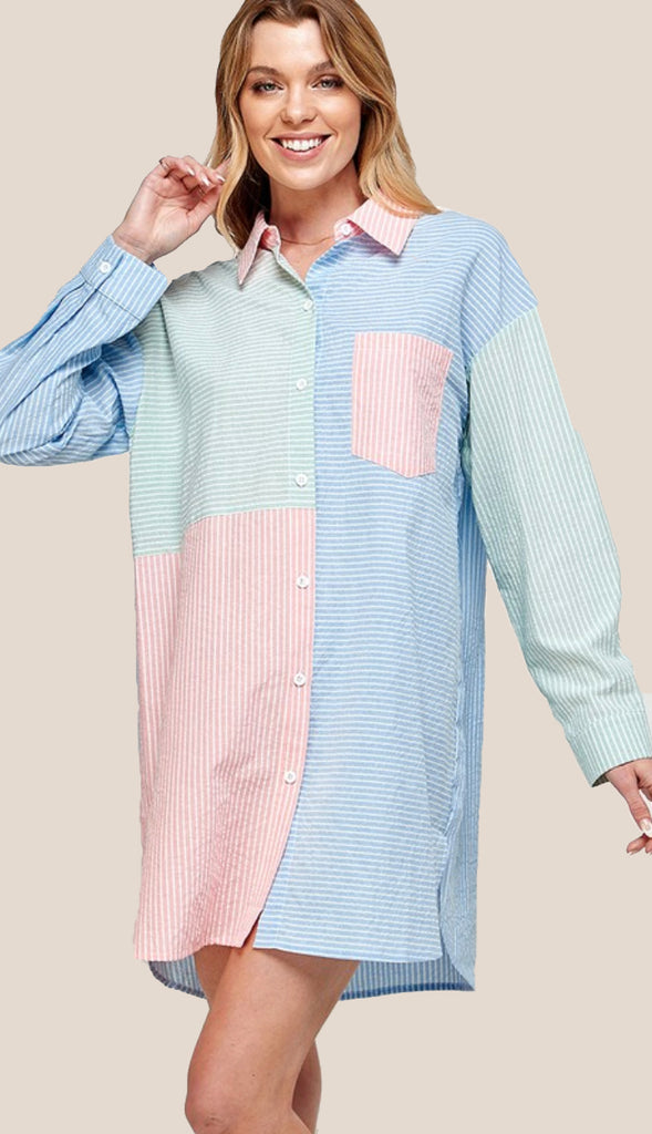 Happy Days Stripe Front Pocket Shirt Dress- Multi
