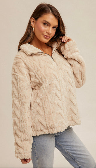 Fuzzy Half Zip Pullover- Ecru