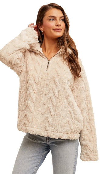 Fuzzy Half Zip Pullover- Ecru