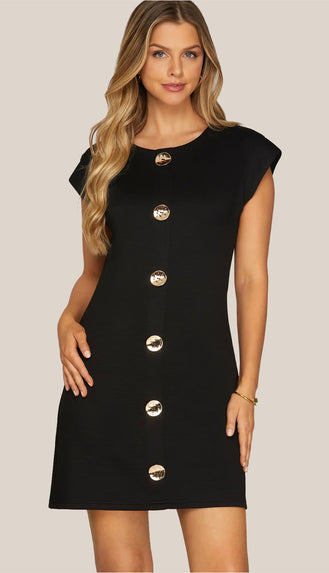 I Mean Business Gold Button Dress- Black