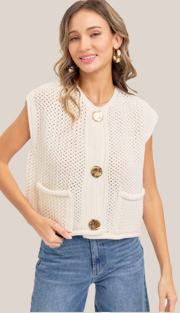 Cadence Gold Button Sweater- Cream