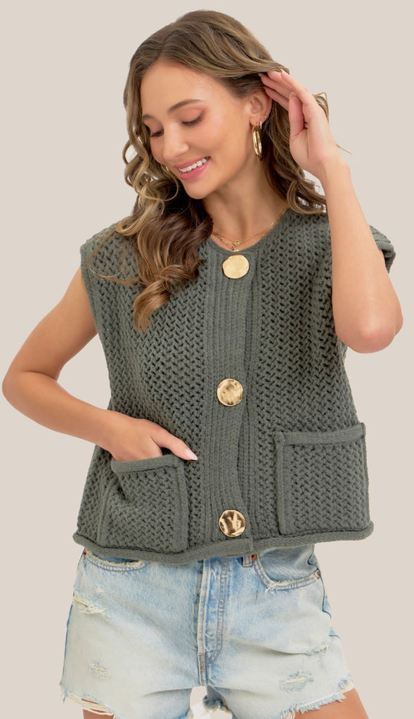Cadence Gold Button Sweater- Pinewood