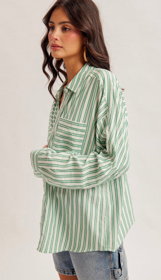 Cassie Oversized Stripe Button Down Shirt- Cactus Green