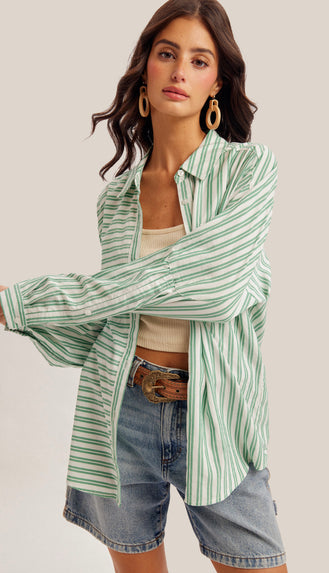Cassie Oversized Stripe Button Down Shirt- Cactus Green