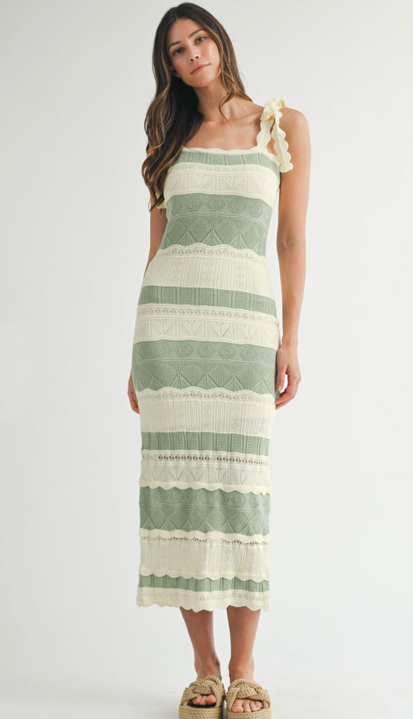 Esme Bow Shoulder Pointelle Stripe Midi Dress- Mint/Cream