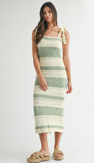 Esme Bow Shoulder Pointelle Stripe Midi Dress- Mint/Cream