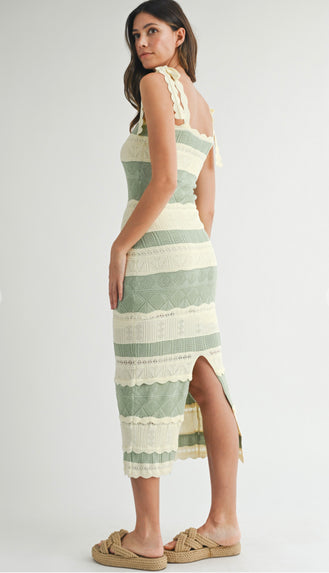 Esme Bow Shoulder Pointelle Stripe Midi Dress- Mint/Cream