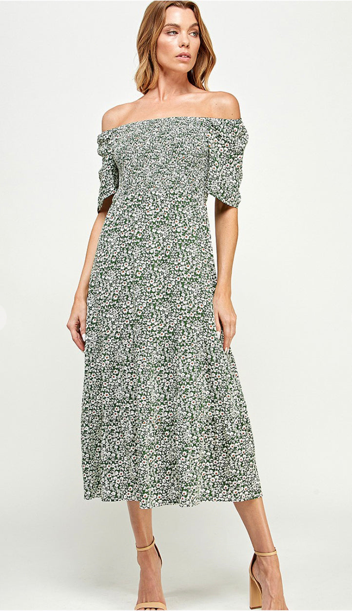 This Way Or That Floral Smocked Midi Dress- Green