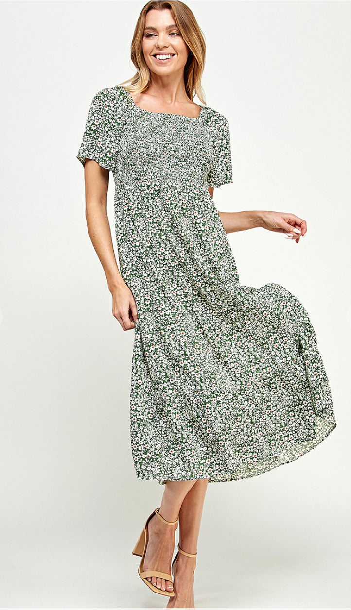 This Way Or That Floral Smocked Midi Dress- Green