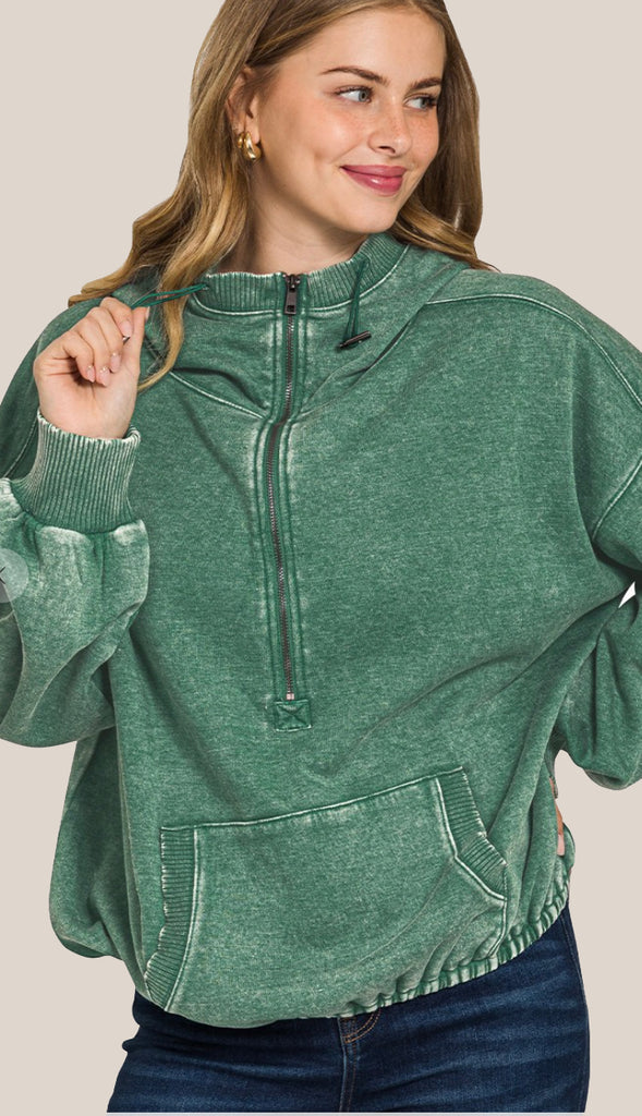 Cozy Up Fleece Washed Hoodie- Dark Green