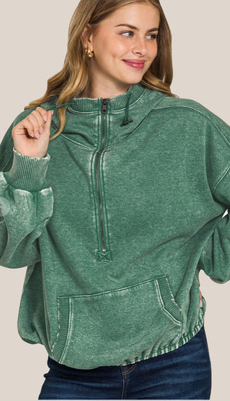 Cozy Up Fleece Washed Hoodie- Dark Green