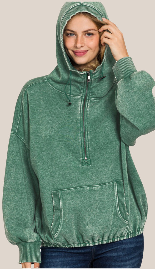 Cozy Up Fleece Washed Hoodie- Dark Green