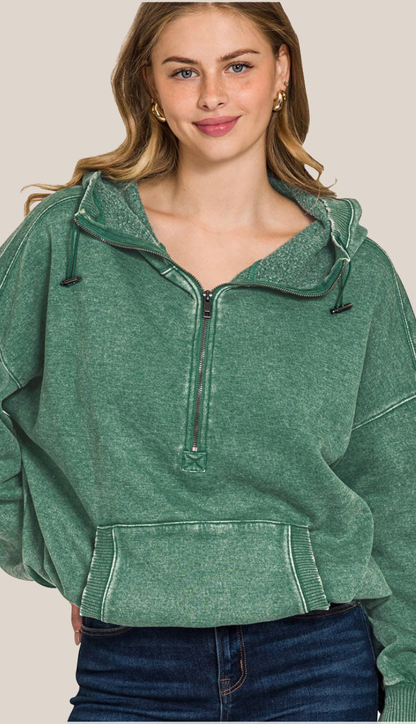 Cozy Up Fleece Washed Hoodie- Dark Green