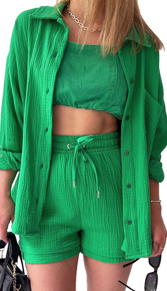 Summer Breeze Pleated Long Sleeve Shorts Set- Green