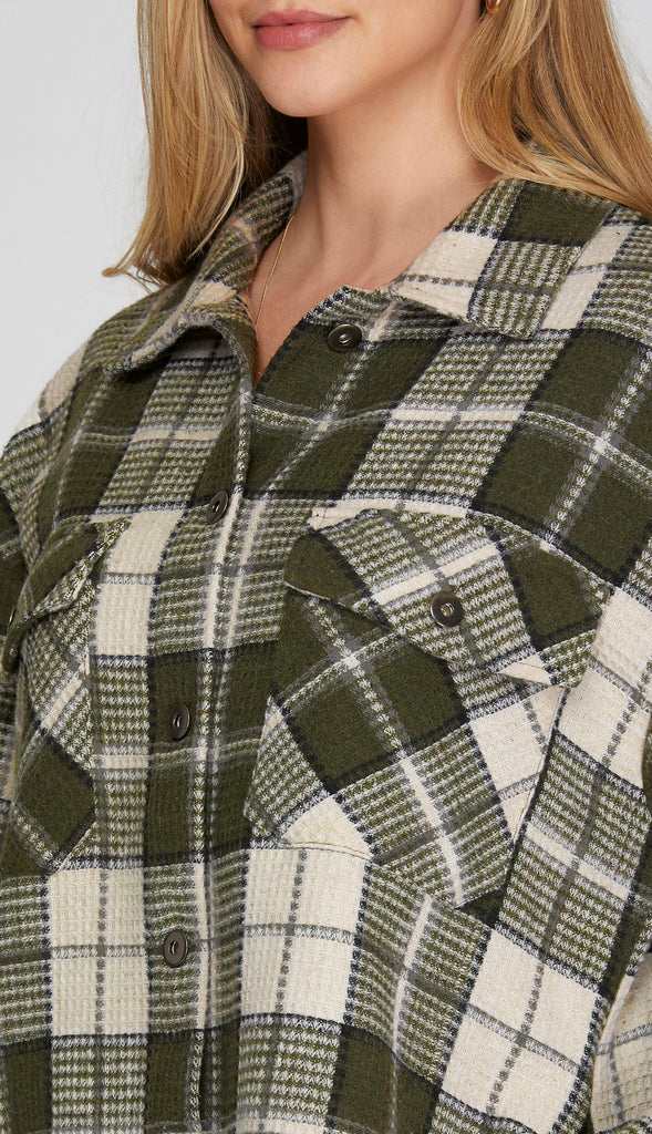 Elle Button Down Plaid Shacket- Olive