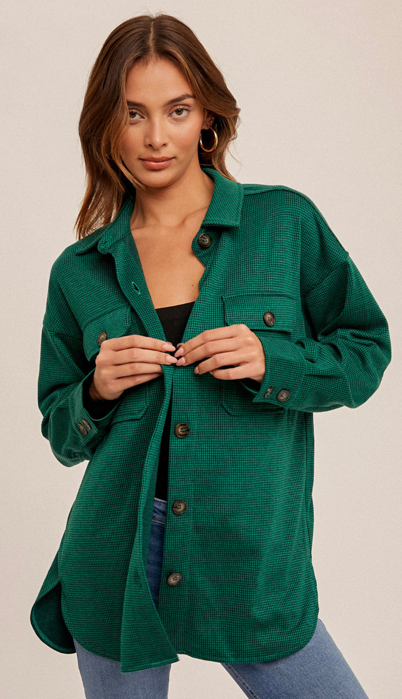 Game On Houndstooth Knit Shacket- Green
