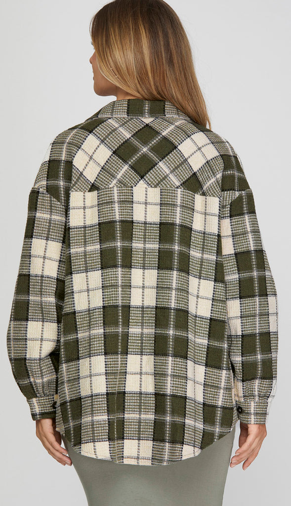 Elle Button Down Plaid Shacket- Olive