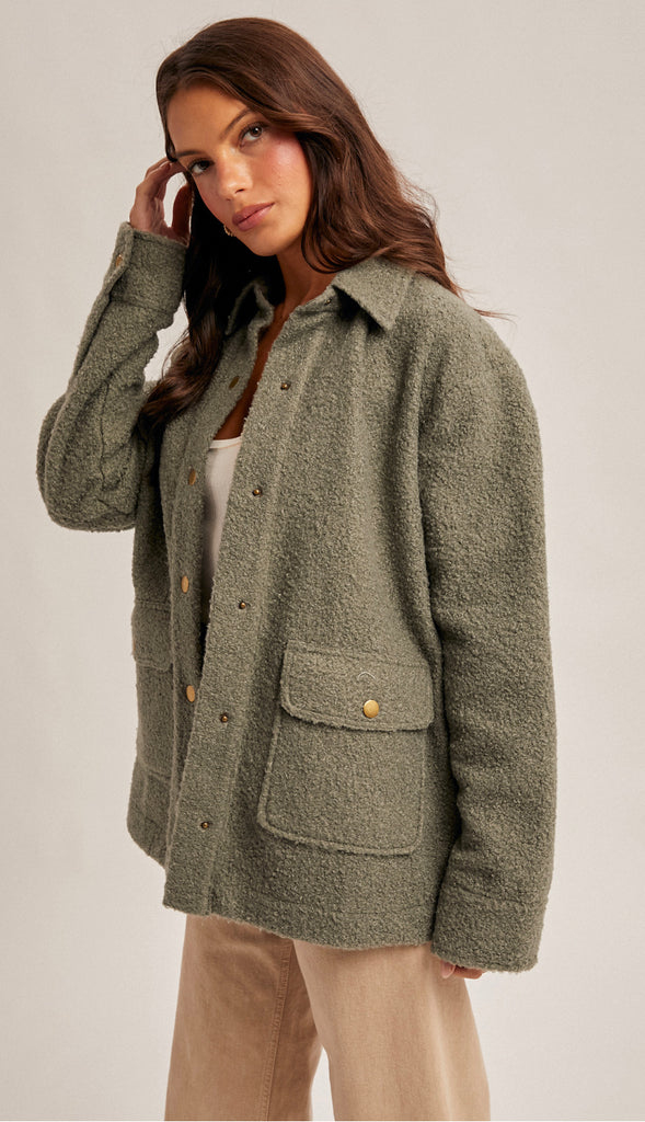 Ryan Snap Button Teddy Jacket- Cactus Green