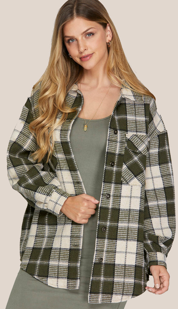 Elle Button Down Plaid Shacket- Olive