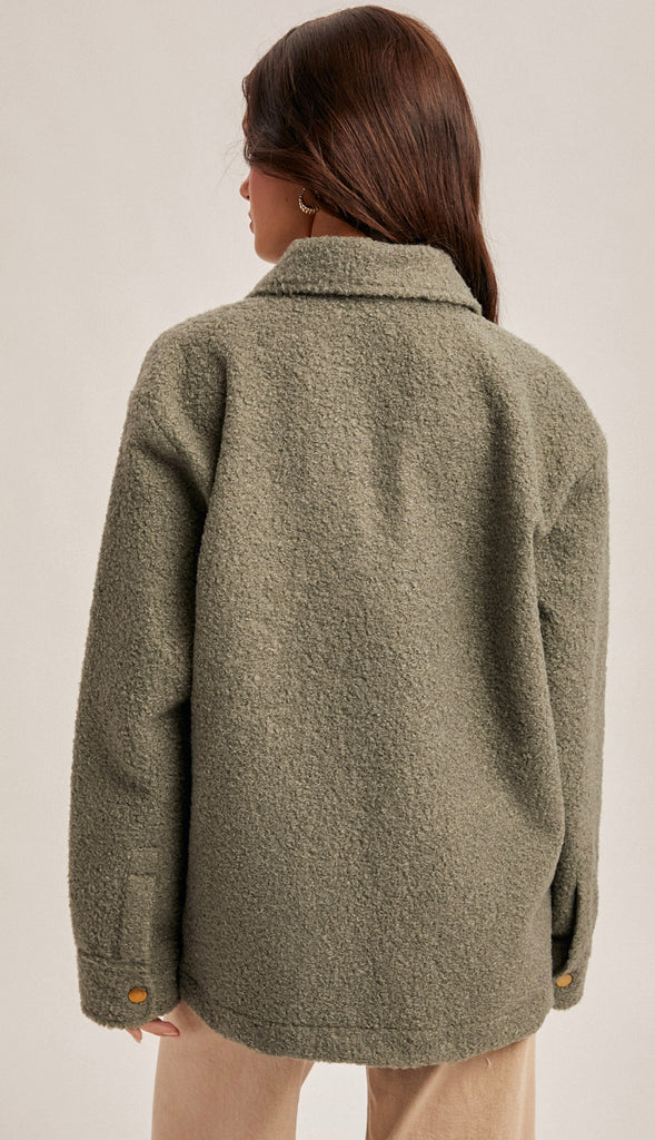 Ryan Snap Button Teddy Jacket- Cactus Green