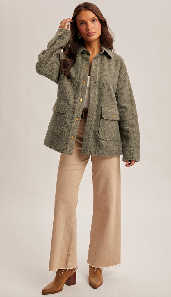 Ryan Snap Button Teddy Jacket- Cactus Green