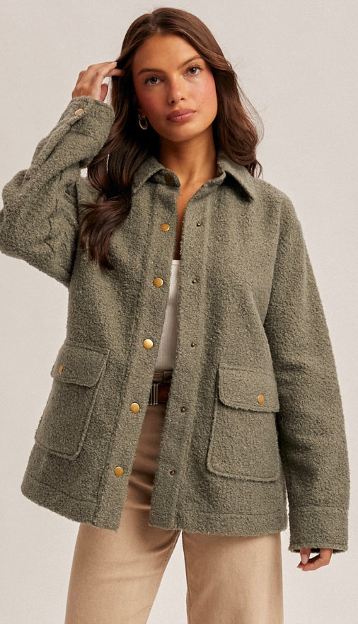 Ryan Snap Button Teddy Jacket- Cactus Green