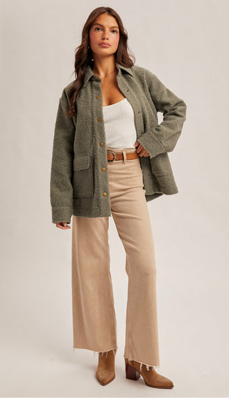 Ryan Snap Button Teddy Jacket- Cactus Green