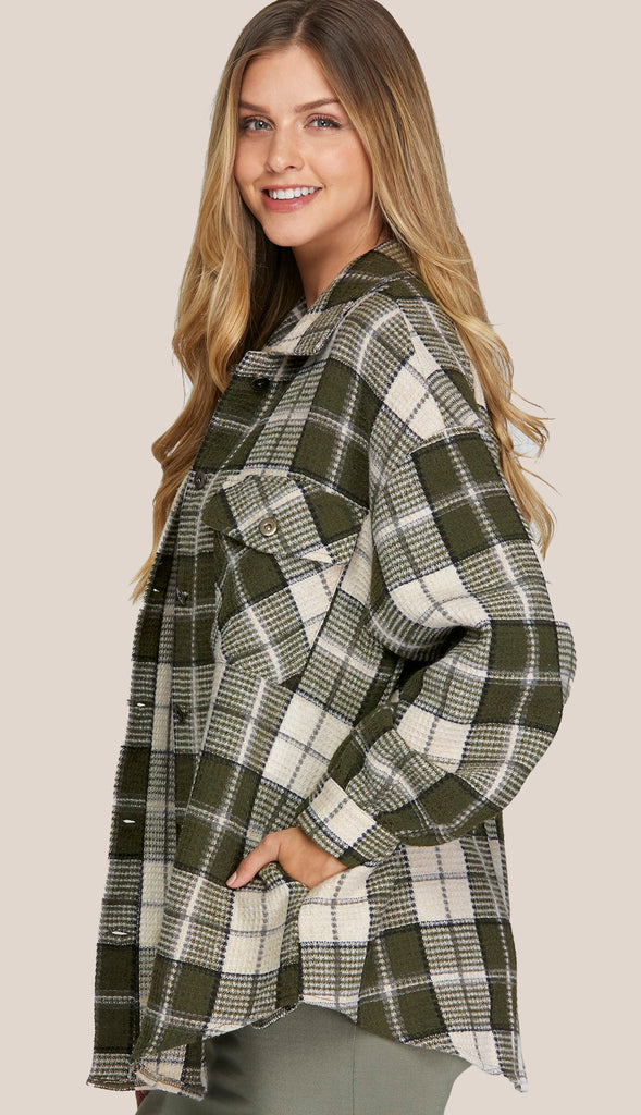 Elle Button Down Plaid Shacket- Olive