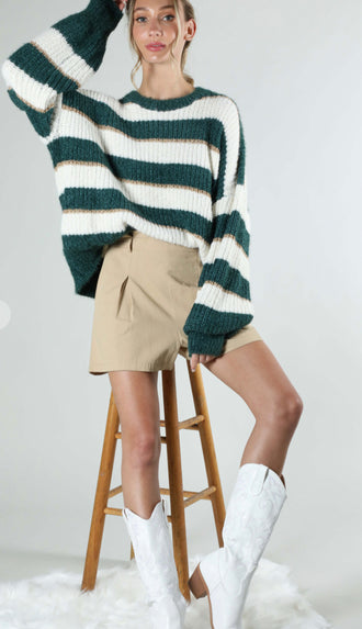 Lydia Drop Shoulder Stripe Sweater- Hunter Green