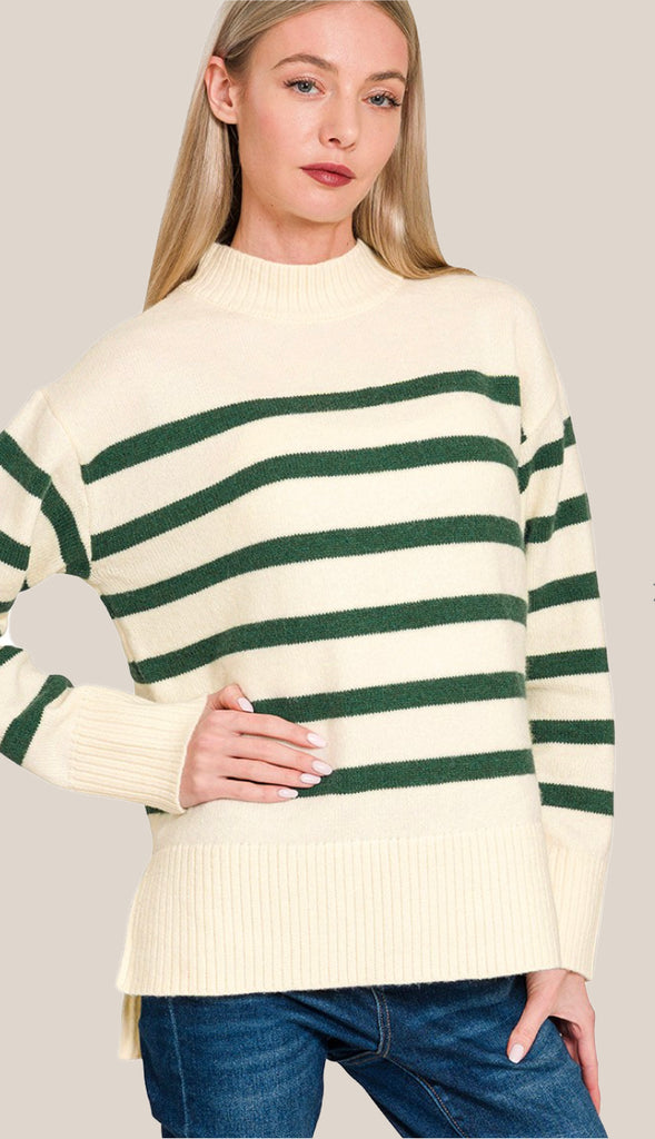 Becka Oversized Striped Sweater- Hunter Green
