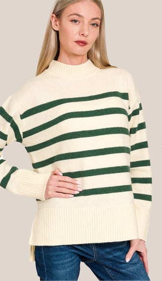 Becka Oversized Striped Sweater- Hunter Green