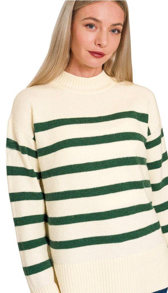 Becka Oversized Striped Sweater- Hunter Green
