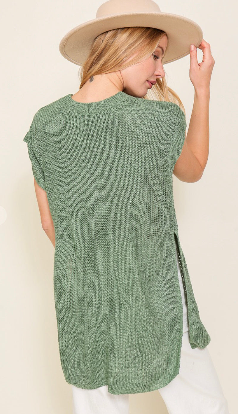 Summer Chic Lightweight Side Slit Sweater- Green