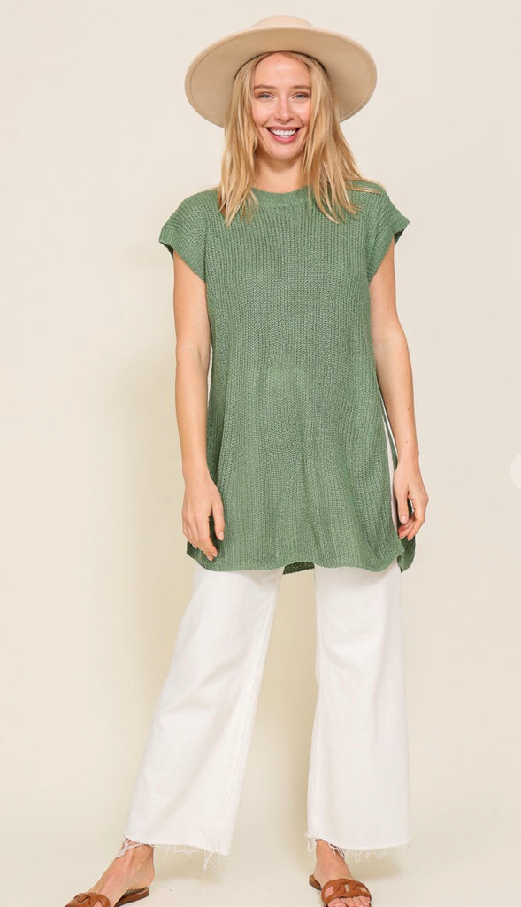 Summer Chic Lightweight Side Slit Sweater- Green