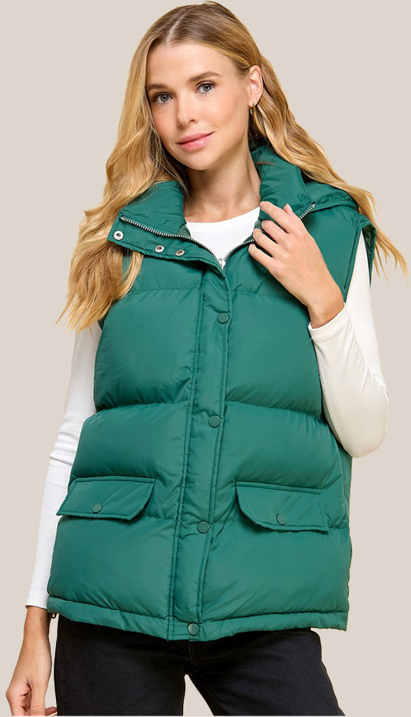 Sarah High Neck Puffer Vest- Pine