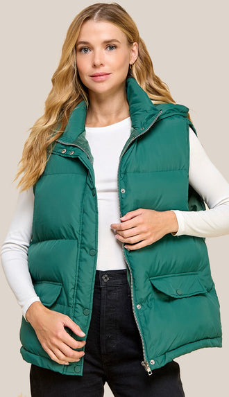 Sarah High Neck Puffer Vest- Pine