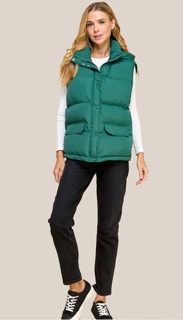 Sarah High Neck Puffer Vest- Pine