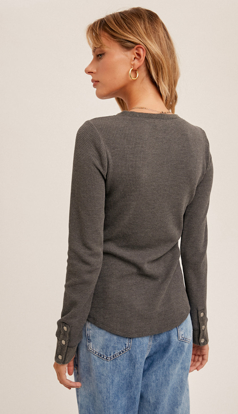 Easy Does It Henley Thermo Top- Grey
