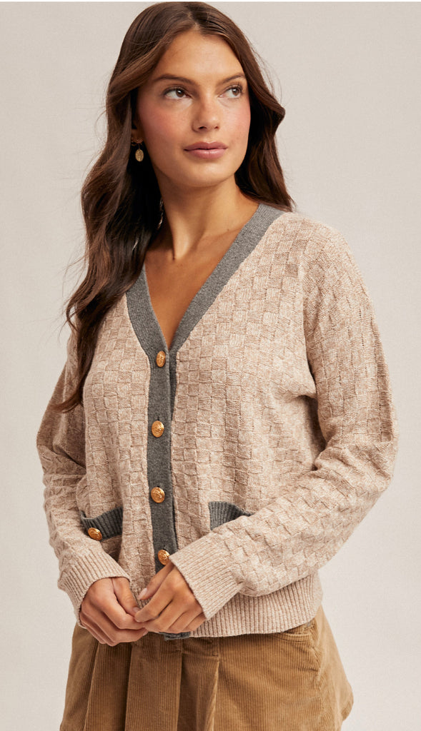 Frida Contrast Neck Band V-Neck Sweater Cardigan- Taupe/Grey
