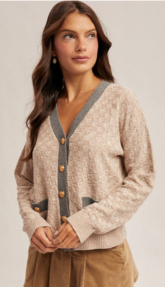 Frida Contrast Neck Band V-Neck Sweater Cardigan- Taupe/Grey