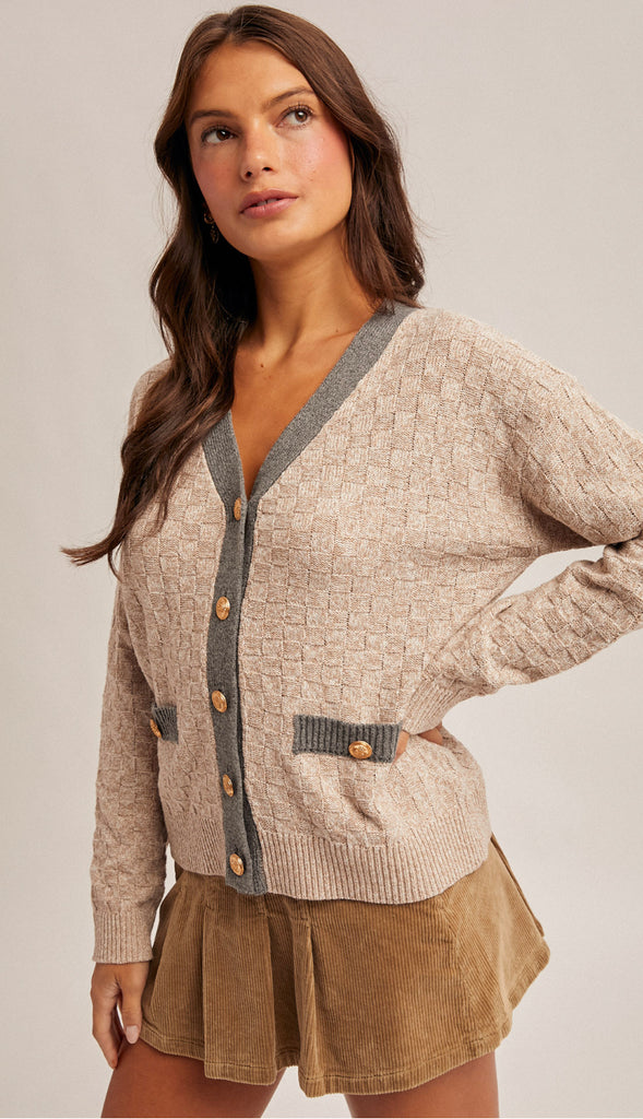 Frida Contrast Neck Band V-Neck Sweater Cardigan- Taupe/Grey