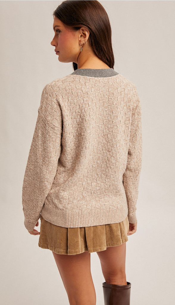 Frida Contrast Neck Band V-Neck Sweater Cardigan- Taupe/Grey