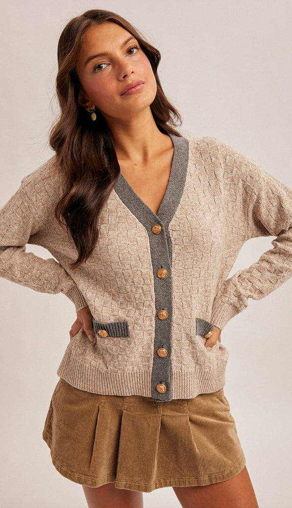 Frida Contrast Neck Band V-Neck Sweater Cardigan- Taupe/Grey