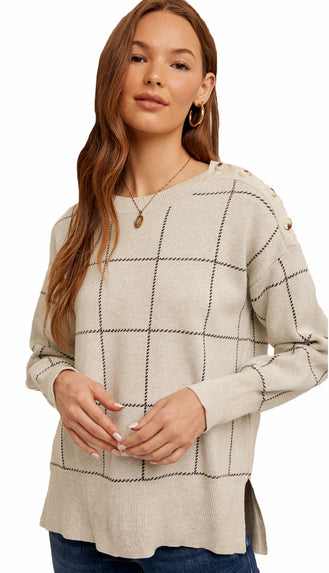 Grid Pattern Button Sweater- Oatmeal