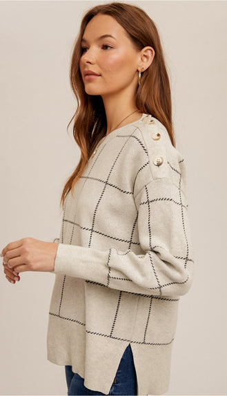 Grid Pattern Button Sweater- Oatmeal