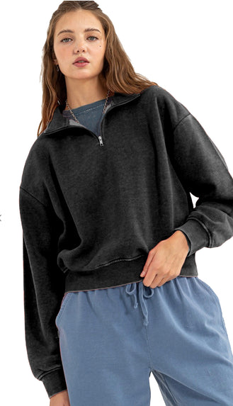 Benji Pullover Half Zip Sweatshirt- Black